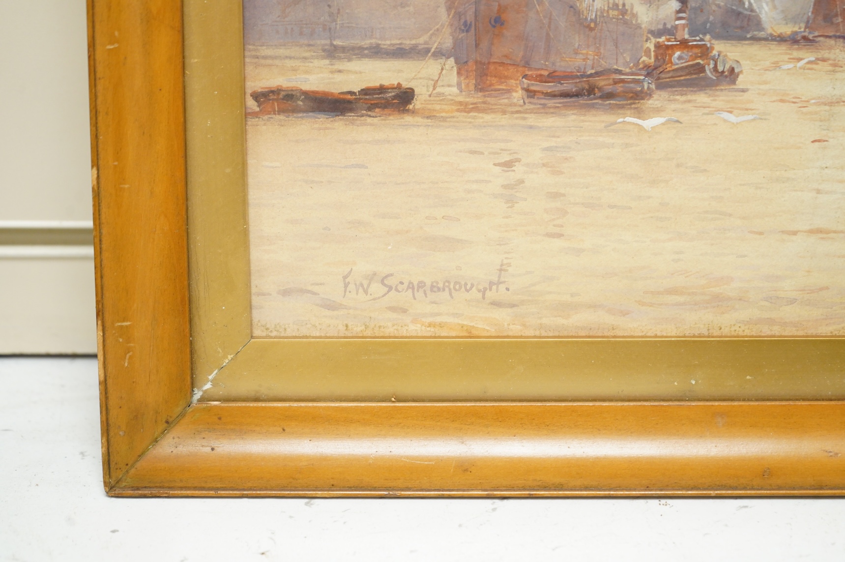Frederick William Scarborough (1860-1939), Thames view with tug boats and ships, signed, watercolour, 24 x 50cm